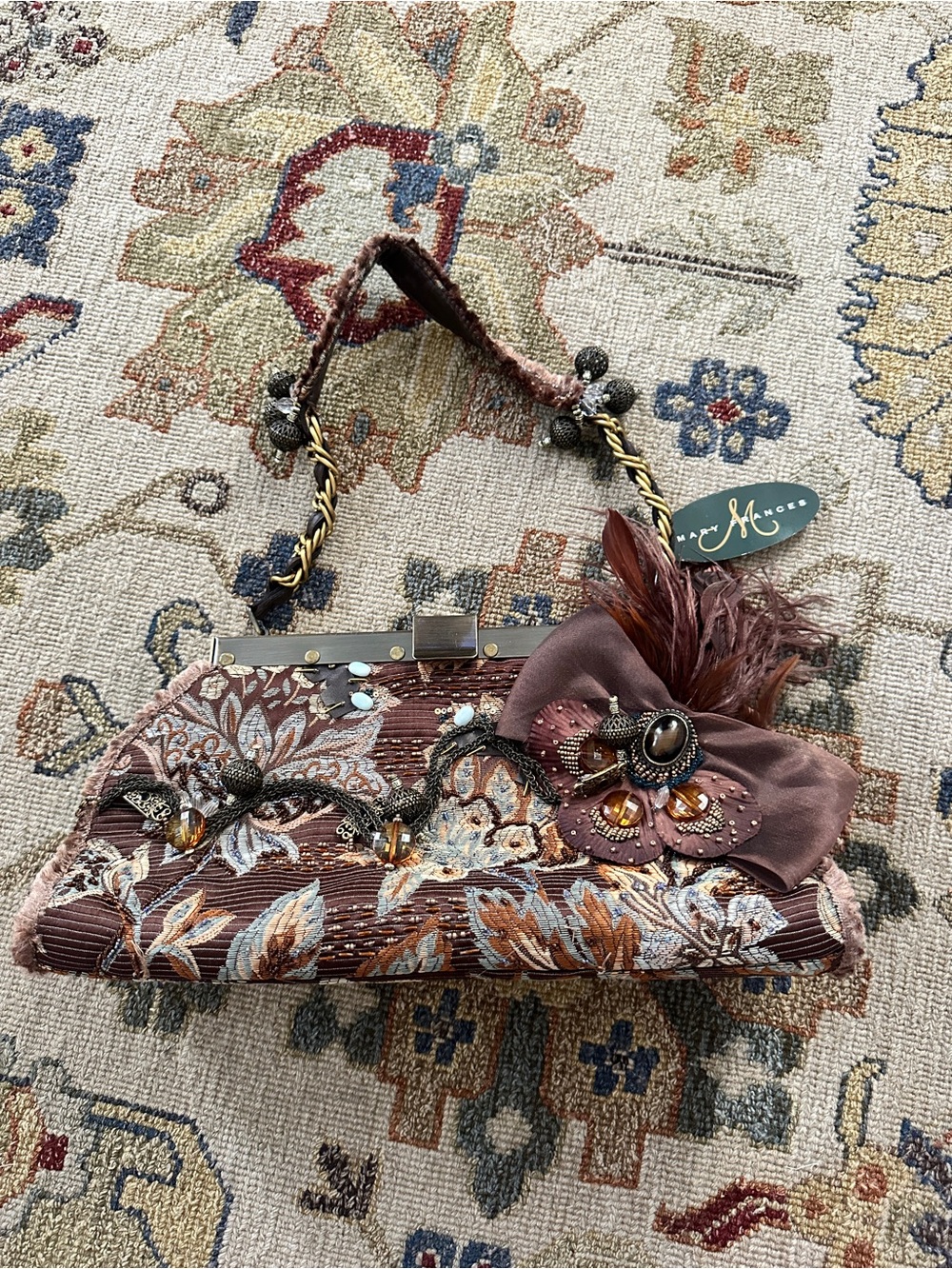 NWT Mary Frances Brown Feathered Beaded Purse